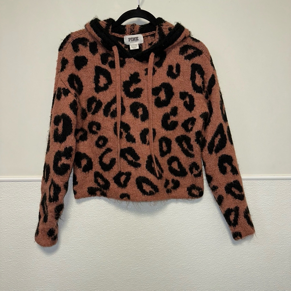 Women's PINK by Victoria's Secret Sweater XS Cheetah Hoodie Tan & Black Croppped - Picture 7 of 12